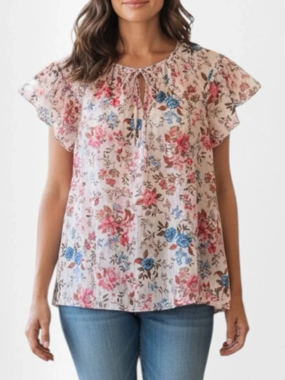 Joie Pink Floral Flutter-Sleeve Blouse with Blue Accents Women’s M - Picture 10 of 10